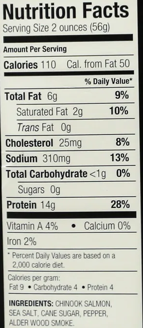 Smoked Chinook Fillet Nutrition facts