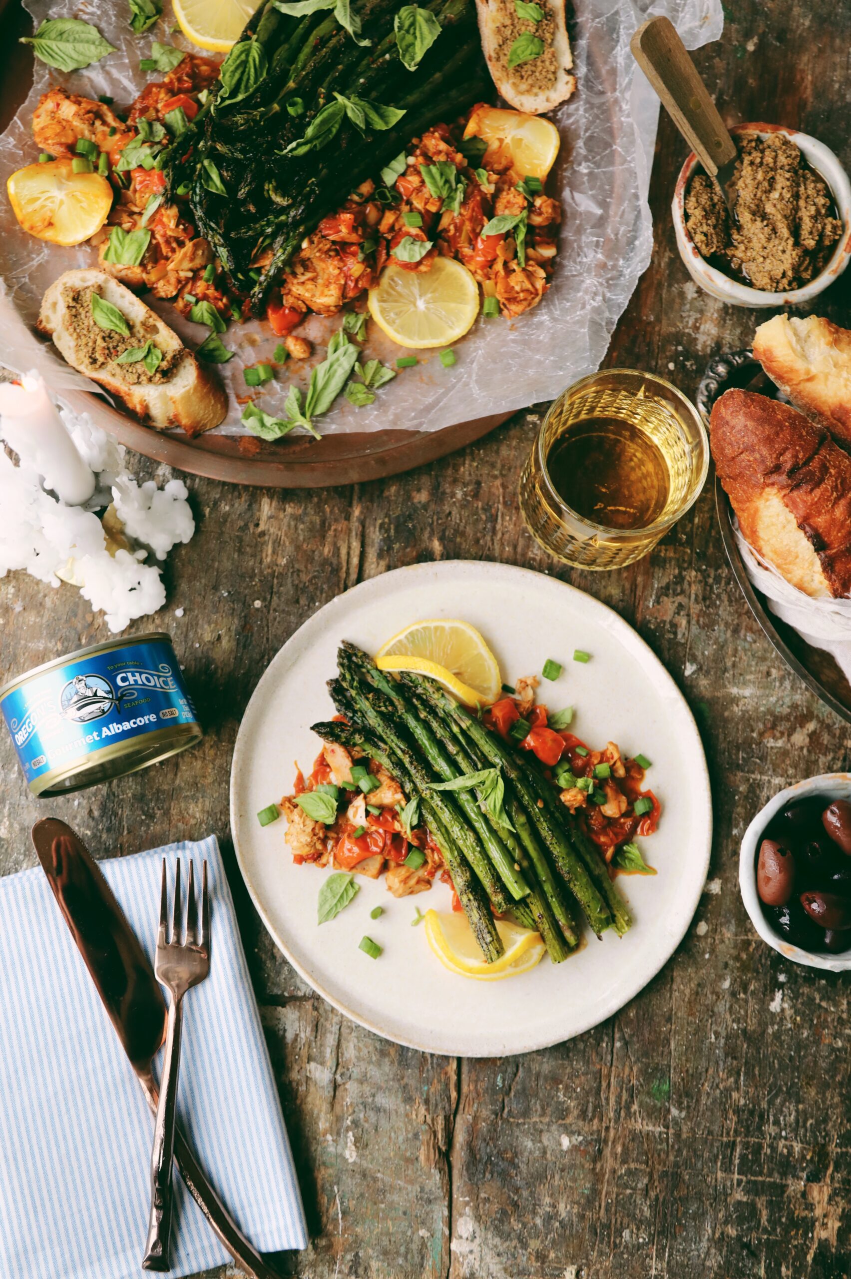 Albacore Asparagus and Tomato Lemon Butter Sauce