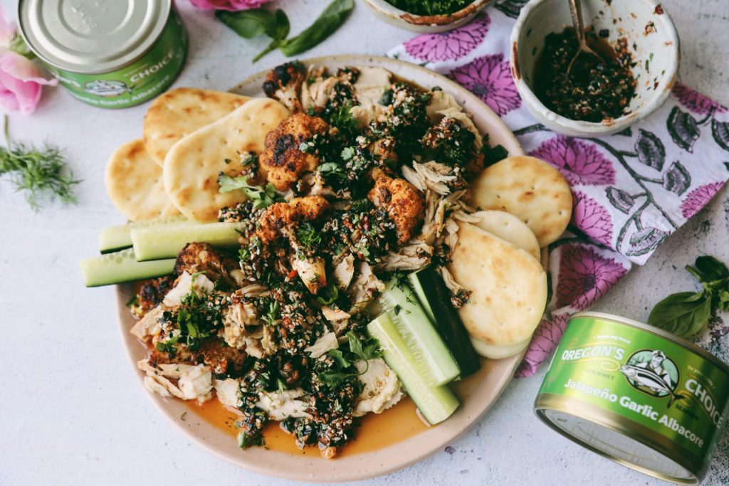 Spicy Roasted Cauliflower Hummus with Jalapeno Albacore
