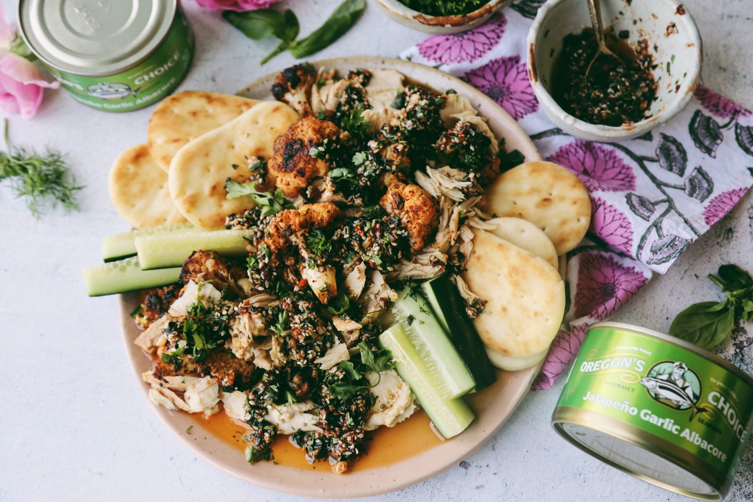 Spicy Roasted Cauliflower Hummus with Jalapeno Albacore