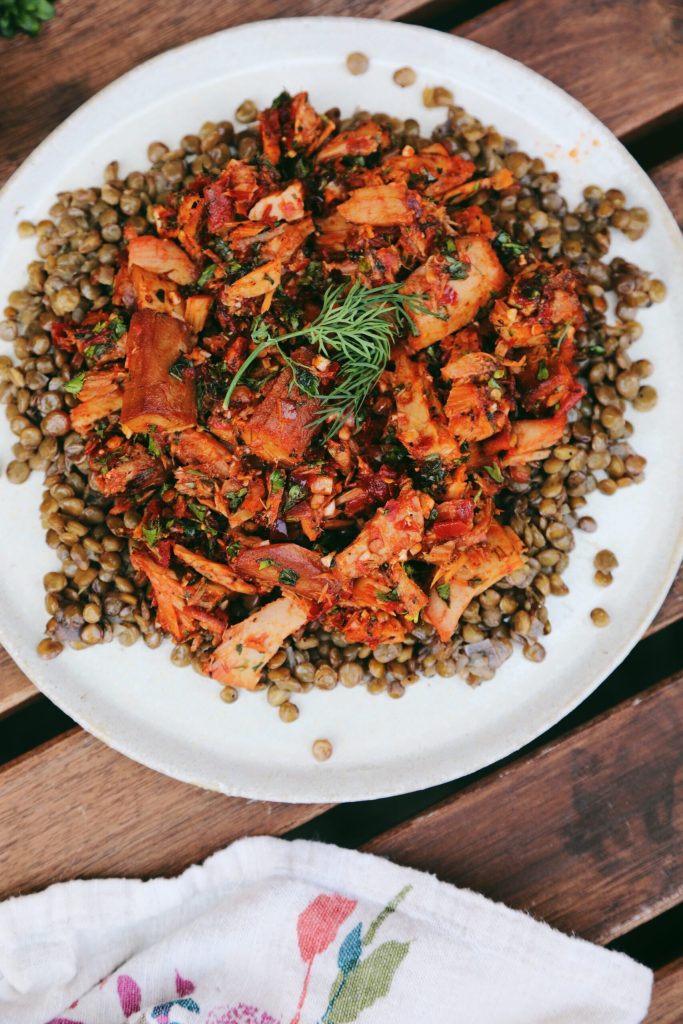 Spicy Herb Alderwood Smoked Chinook with Lentils