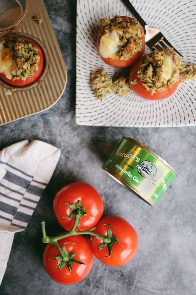 Pesto Jalapeno Garlic Albacore Stuffed Tomatoes