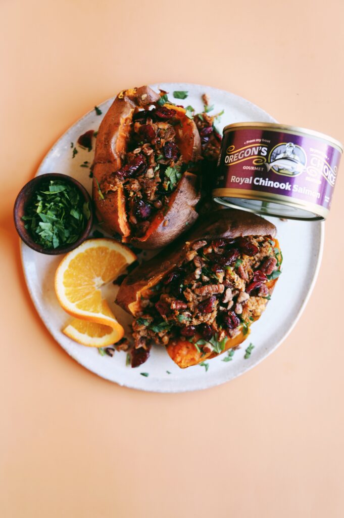 Orange Smoked Paprika Salmon Stuffed Sweet Potatoes with Toasted Pecans