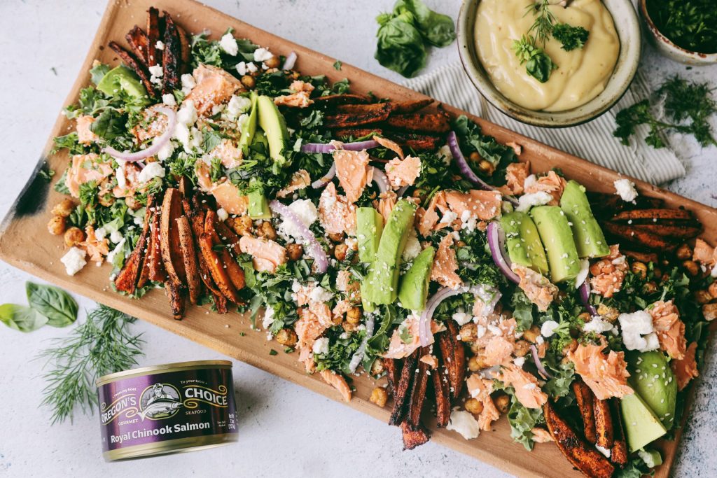 Royal Chinook Sweet Potato Kale Salad with a Honey Mustard Drizzle